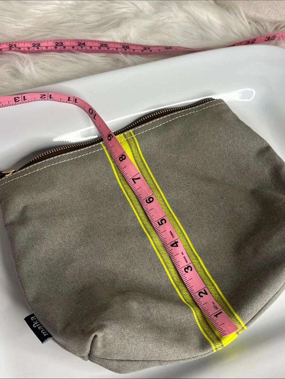 Maika Gray Canvas Pouch with Neon Yellow Center Stripe